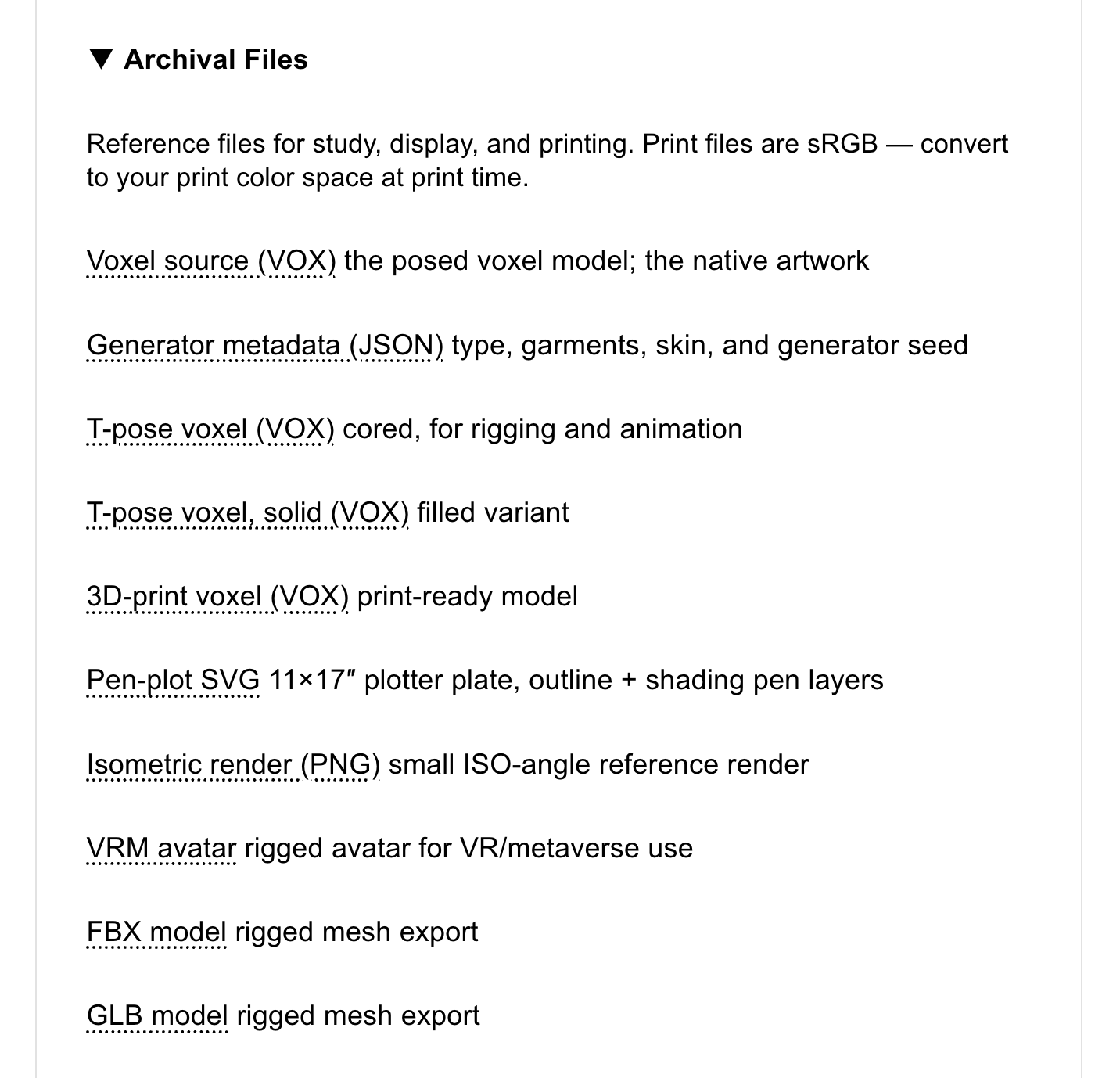 The archival files available for each Meebit.